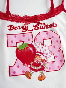 Strawberry Shortcake X SHEIN Women's Sweet Street Wear Y2k Cute Lace Patchwork 3D Bow Decor Camisole Daytime Everyday Holiday White Summer - White - View 6