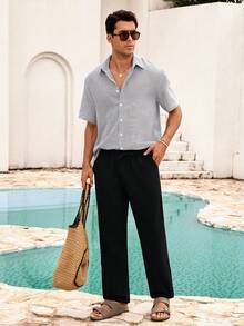 Mercer Haus Feiyo Men's Retro Style Short Sleeve Shirt, Made Of Lightweight Striped Polyester Fabric. Suitable For All Seasons, Casual And Versatile. - Black and White - View 3