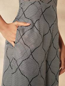 Anewsta Spring Summer High Waist Draped Slouchy Wide Leg Geometric Polka Dot Women's Long Pants Vacation Holiday Gray Sexy Elegant - Black and White - View 2
