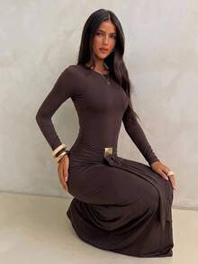 Aloruh Women's Autumn New Backless Fitted Dress, Suitable For Party Night Out, Date, Evening Event, Gathering Dark Brown Sexy - Brown - View 5