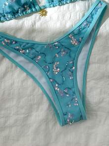 Costavie Swim Basics 2-Piece Spring/Summer Beach Vacation Textured Fabric Gold Sun Accessory Halter Triangle Bikini Top And High-Cut Bikini Bottom Women's Sexy Bikini Swimsuit Set - Mint Blue - View 6