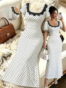 SHEIN Clasi Elegantes langes Damenkleid mit Puffärmeln, kontrastierender Spitze und Polka-Dot-Muster - Verschiedenfarbig - Übersicht 3