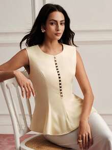 BELROSIE Top elegante francés para mujer de noche de cita, diseño de lujo de alta gama, amarillo pálido, cuello redondo, exquisita decoración de perlas pesadas, cintura ceñida y acampanado - Albaricoque - Ver 5