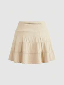 SHEIN Cheerettes 純色多層運動裙褲附口袋 - 卡其色 - 查看 4