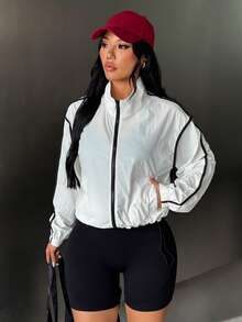 SHEIN Sports 女款條紋拼色拉鍊輕量寬鬆防曬外套 - 白色 - 查看 1