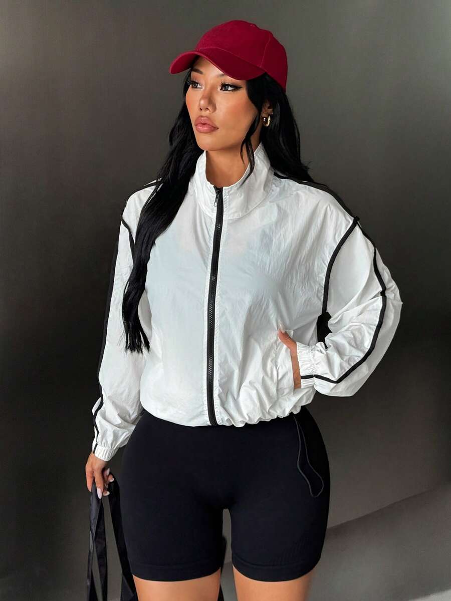 SHEIN Sports 女款條紋拼色拉鍊輕量寬鬆防曬外套 - 白色 - 查看 1