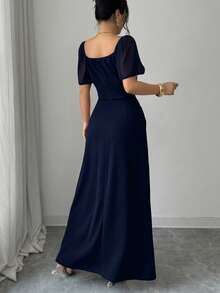 SHEIN Elenzya Short Sleeve Square Neck Cinched Waist Elegant Romantic Exquisite Women's Dress - Navy Blue - View 2
