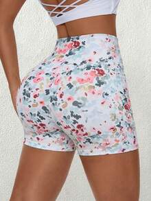 SHEIN Sports Floral Print High Waist Slim Fit Sports Shorts - Multicolor - View 4