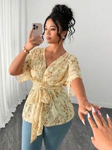 Elenzga Plus Size Women's Ditsy Floral Mesh V-Neck Tie Waist A-Line T-Shirt,Yellow Summer Boho Vacation Holiday Casual Short Sleeve Fashionable Versatile Top - Multicolor - View 3