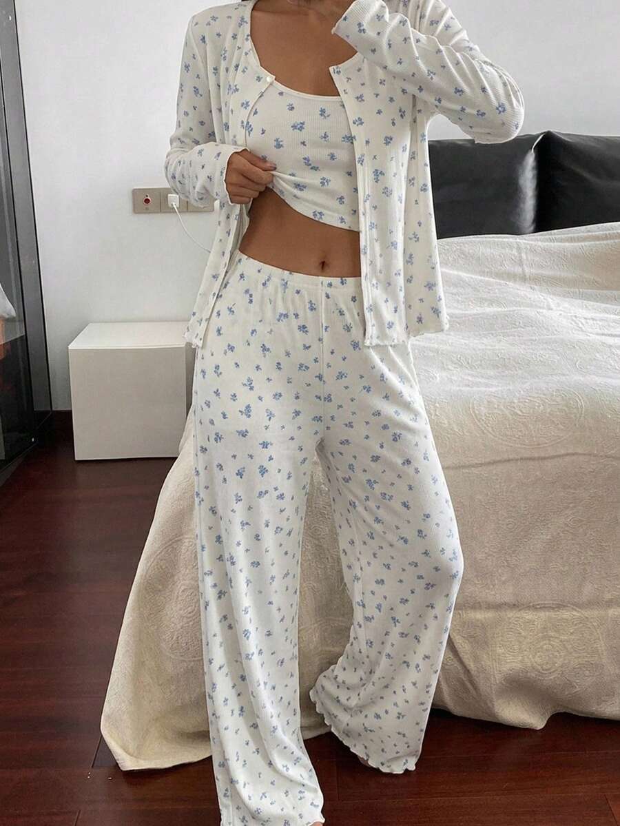 Livesso 三件套甜美碎花睡衣套装:长袖开衫、短款吊带背心和直筒睡裤,女士夏季睡衣套装 - 白色 - 查看 1