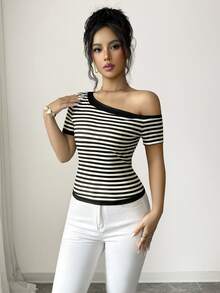 Elenzga Women's Summer Casual Striped Asymmetric Collar T-Shirt - Multicolor - View 5