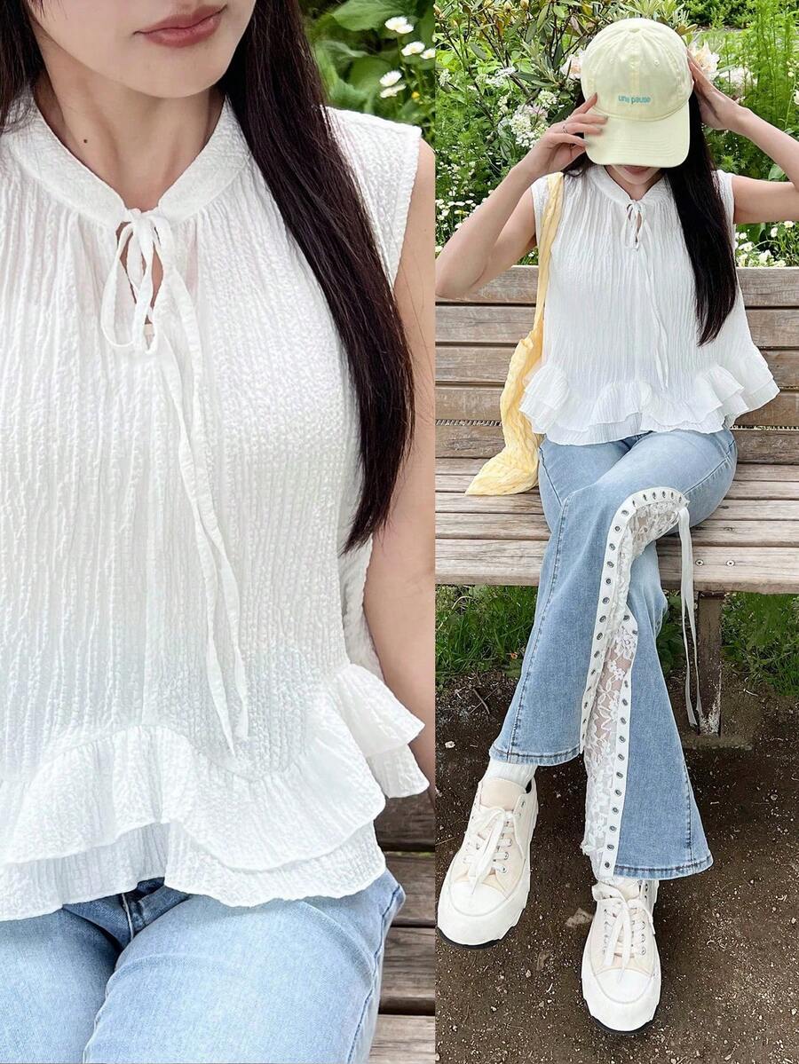 FRIFUL Women's Sleeveless Collar Bow Tie Tie-Up Hem Multi-Layer Ruffle Patchwork Fitted Sweet Elegant Blouse Vacation Summer Cute Top White - White - View 1