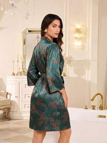LuxeNights Classic Striped Faux Silk Women's Robe - Dark Green - View 3