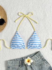 Elavelle Blue White Stripe Halter Bikini Top With Pale Yellow Trim - Multicolor - View 4