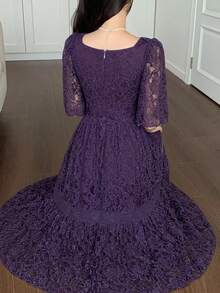 DAZY Vestido midi de mujer con encaje floral en todo el Body y color de contraste para primavera y verano - Morado - Ver 7