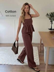 SHEIN LUNE 100%棉 方領露背蝴蝶結荷葉邊背心＋鬆緊腰寬褲 2件套，咖啡棕色，夏季休閒度假風 - 棕色 - 查看 6