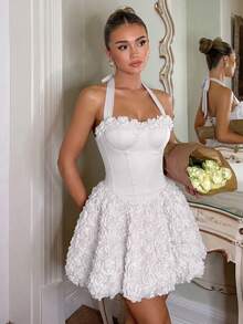 SHEIN White 3D Rose Halter Neck Corset Mini Dress,Lace-Up Backless Party Dress - White - View 5