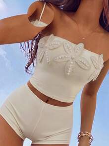 Bonvoyette Damen einfarbiges Stoff-Tanktop mit Blumenakzent, Bandeau-Bauchkontroll-Top und quadratische Shorts, 2 Stücke Badeanzug-Set für tägliche Strandpartys, lässige Urlaube, einfach und elegant - Khaki - Übersicht 5