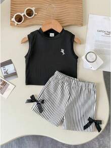 SHEIN Playful Pals 女嬰夏季杏色豹紋套裝 紋理無袖上衣 豹紋短褲 飾杏色蝴蝶結 日常出遊必備 - 黑色 - 查看 1