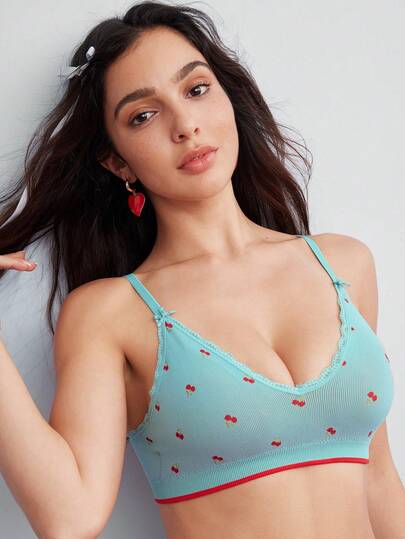 SHEIN Women's Cherry Print Bow Decor Bra