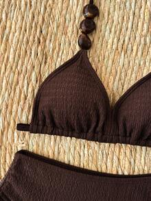SHEIN Conjunto de 2 piezas de bikini de niña preadolescente con tirantes de espagueti y cuentas de unicolor - Marrón - Ver 5