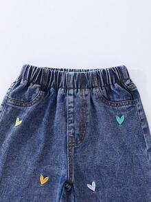 SHEIN Young Girls Loose Straight Leg Denim Pants, Elastic Waistband For Comfortable Wear, Dark Blue Washed Denim With Colorful Heart Embroidery, Can Be Paired With T-Shirt Or Shirt, Suitable For Casual, School Or Outdoor Scenes - Dark Wash - View 5