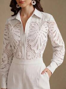 Anewsta Elegant And Sophisticated Women's 2 Pieces Set With Water-Soluble Lace Patchwork Design, Suitable For Commuting, Dating, Afternoon Tea And Other Light Social Occasions - White - View 4