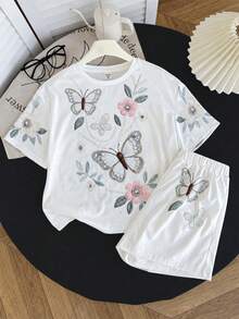 SHEIN 青少年女孩夏季時尚 T-Shirt 套裝，休閒極簡寬鬆圓領短袖 T-Shirt 與寬鬆短褲 2 件套，適合日常穿著與返校穿搭 - 白色 - 查看 4