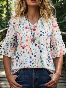 Linhara CURVE Plus Size Women's Floral Bow V-Neck Ruffle Loose Short Sleeve Blouse, Spring/Summer Fashion Versatile White Boho Business Casual Vacation - Multicolor - View 6