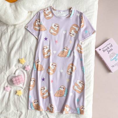 女の子用 エレガントなパープル かわいいナマケモノ柄 半袖 ロングナイトガウン ルームウェア