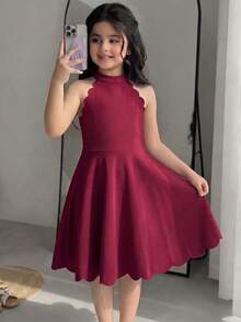 Vestido infantil para niña joven, casual y elegante, de moda, color rojo sólido, cuello alto, sin mangas, con cintura ceñida, corte evasé, bajo con pétalos y bajo curvo, vestido sin mangas, vestido color burdeos, vestido para niños - Burdeos - Ver 7