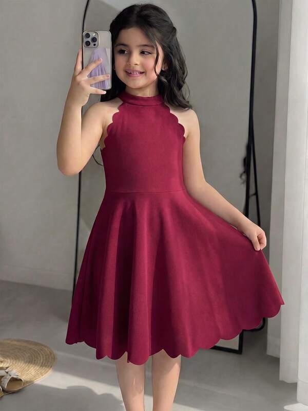 Kids Young Girl Casual Elegant Fashion Solid Red Stand Collar Sleeveless Waist-Cinching A-Line Dress Elegant Petal Hem Curved Hem Sleeveless Dress Burgundy Dress Children's Dress
