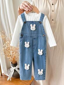 SHEIN Vintaside Kids 2pcs Baby Girl Spring/Autumn Cute Rabbit Outfit, White Ribbed Crew Neck Long Sleeve Bodysuit, Paired With Washed Denim Overall Pants, 3D Rabbit Patch - Blue - View 3