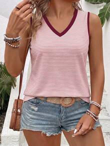 EMERY ROSE Women's Spring/Summer New Hot-Selling Striped Print Pattern Contrast Trim Design Casual Versatile Plus Size Tank Top - Multicolor - View 1