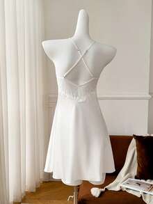 Moireta Solid Color Splice Lace & Satin Cami Pajama Slip Dress Luxeloungewear - White - View 5