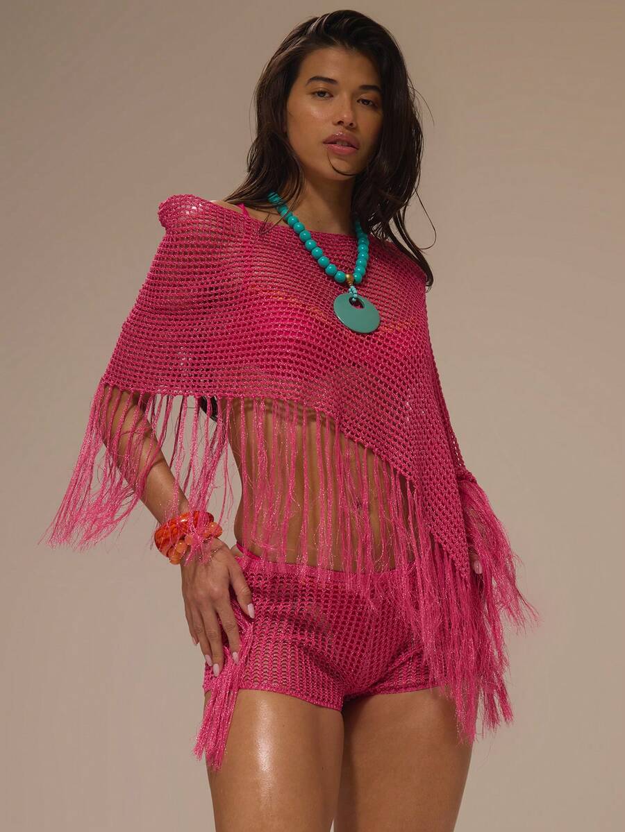 Musera Resort Pink Crochet Knit Off Shoulder Fringed Poncho - Hot Pink - View 1
