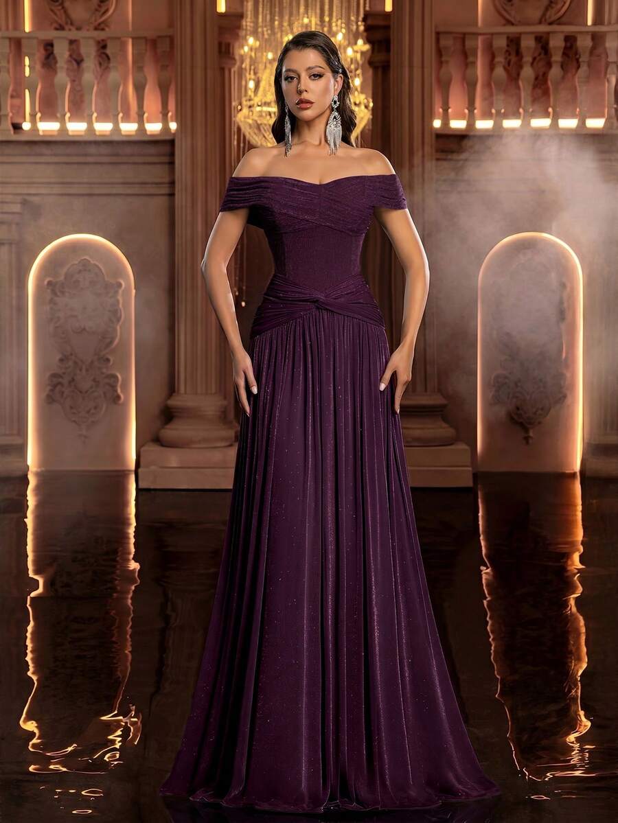 Glamrae Elegant Off-Shoulder Knitted Fabric Ruched Design Waist Fan-Shaped Pleated Tummy-Control Bodycon A-Line Dress, Suitable For Ball, Business Events, Private Tea Parties, Birthday, Large Holiday Events, Wedding Guests, Women's Heavy Embellished Evening Gown, Long Dress, Formal Dress - Maroon - View 1