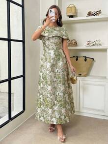 Modelyn Vestido de fiesta elegante de jacquard con cintura ceñida y largo medio para mujer - Verde Oscuro - Ver 4