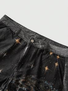 ROMWE MEN Street Life Men's Tiger Rhinestone Embossed Distressed Straight Leg Jeans - Black - View 4