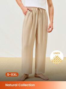 LUVLETTE Men's Linen Summer Relaxed Beige Textured Pants Elastic Waist & Cuffed Legs Sleek Casual Lounge Wear - Khaki - View 1