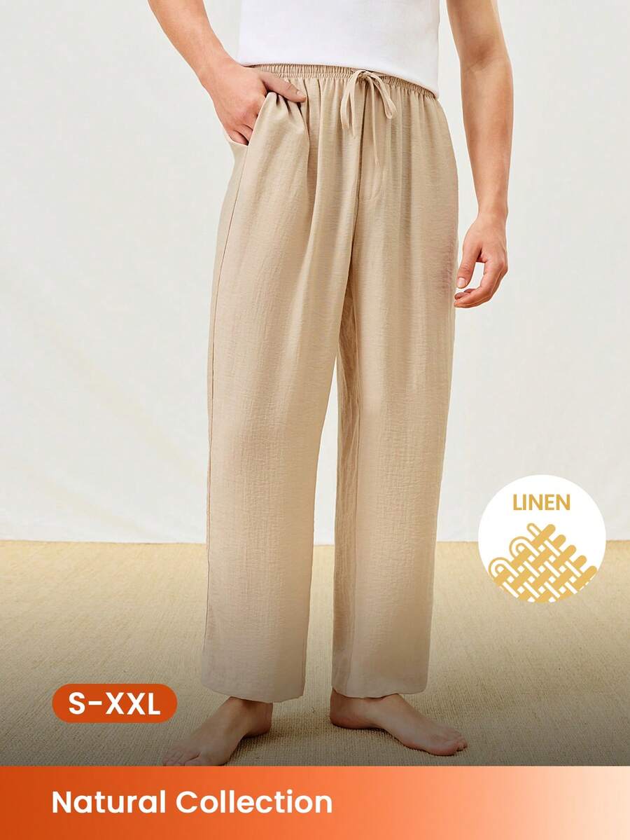 LUVLETTE Men's Linen Summer Relaxed Beige Textured Pants Elastic Waist & Cuffed Legs Sleek Casual Lounge Wear - Khaki - View 1