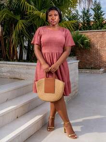 CurvyTilda Plus Size Summer Solid Color Textured Ruffle Hem Casual Vacation Dress, Western Wear, Festival Boho Hippie Cowgirl Outfit Old Money Bohemian Elegant - Dusty Pink - View 4