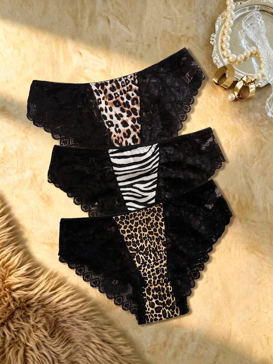 Bare Chapter 3pcs Lace Patchwork Women's Bikini Briefs - Multicolor - View 1