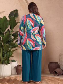Swim Mulvari 2026 New Plus Size Women Tropical Plant Print Matching Solid Color Pants 2 Pieces Set Suitable For Beach Vacation Filipiniana Sky Blue Teal Summer - Multicolor - View 2