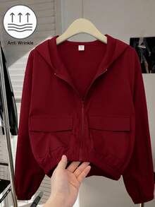 SHEIN 青少年女孩編織素色貼袋短版寬鬆休閒連帽外套 - 酒紅色 - 查看 3