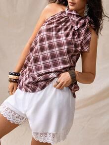 Nubod Plus Size Halter Tie Bow Plaid Sleeveless Shirt Evening Vacation Burgundy Summer Elegant - Brown - View 7