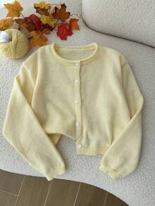 SHEIN Tween Girl Yellow Lightweight Cardigan Suitable For Pairing With Spaghetti Strap Dresses - Yellow - View 6