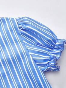 SHEIN 3-Piece Tween Girls Loose Casual Chic Design Print Striped Collared Ruffle Short Sleeve Shirt & Colorblock Shawl Vest Top & Colorblock Pleated Ruffled Umbrella Skirt Set, Suitable For Daily Commute, Casual, Vacation, School, Street Style, Shopping And More - Royal Blue - View 5