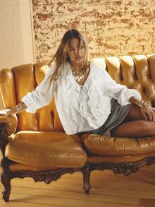 Aralina Ruffled V-Neck Long Sleeve Front Tie Blouse - White - View 5
