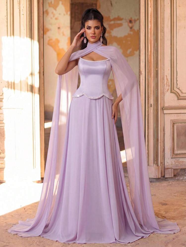 Aureia Purple Chiffon Fabric Satin Patchwork Rhinestone Chain Decor Boned Bodice 3D Floral Voluminous Skirt Party Dress Wedding Guest Dress Bachelorette